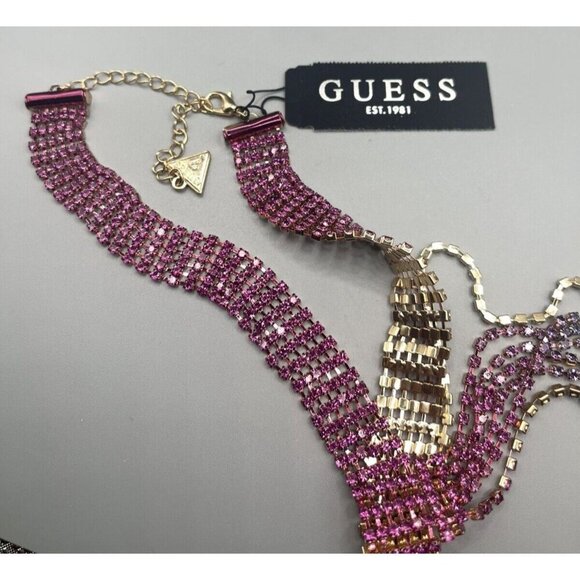 Guess Pink-Teal-Purple Crystal Ombre Choker Gold-Tone Set Long Lariat Necklace - Picture 4 of 5